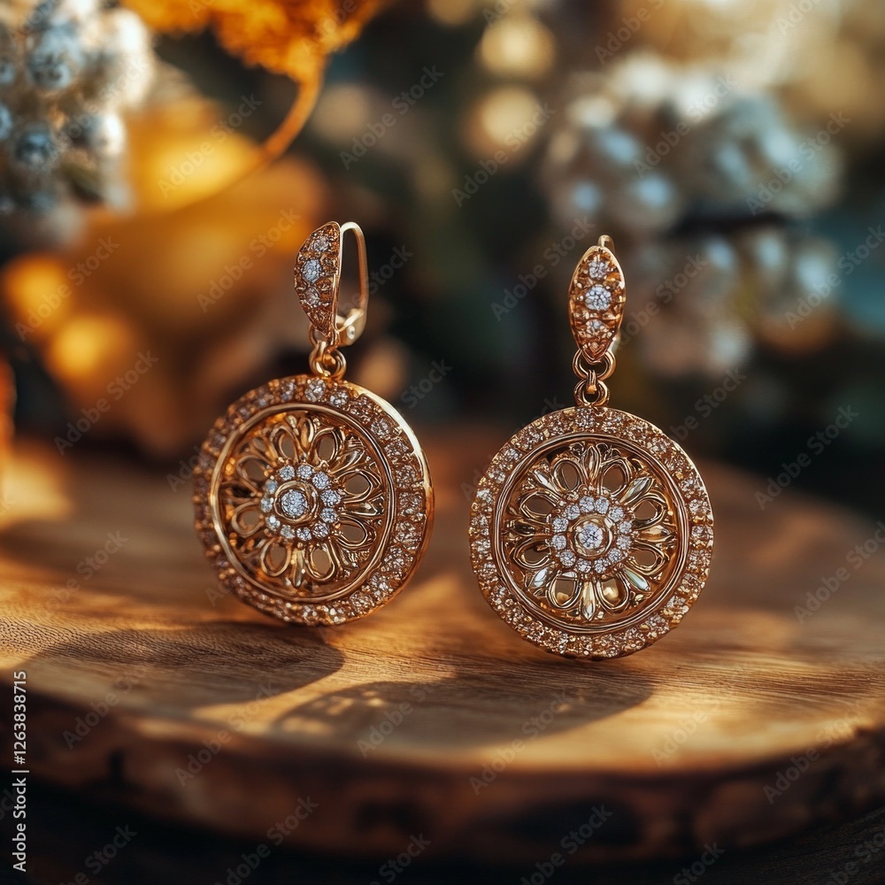 Exquisite gold earrings with intricate diamond detailing on rustic wooden display Exquisite gold earrings with intricate diamond detailing on rustic wooden display