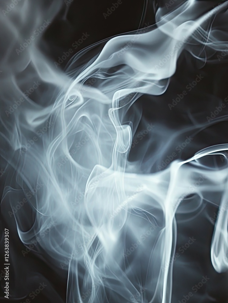 Abstract white smoke swirls on black background, design element Abstract white smoke swirls on black background, design element