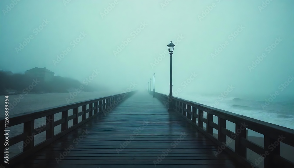 Obraz premium Misty walk at the pier boardwalk atmospheric photography foggy ocean seaside perspective moody vibes