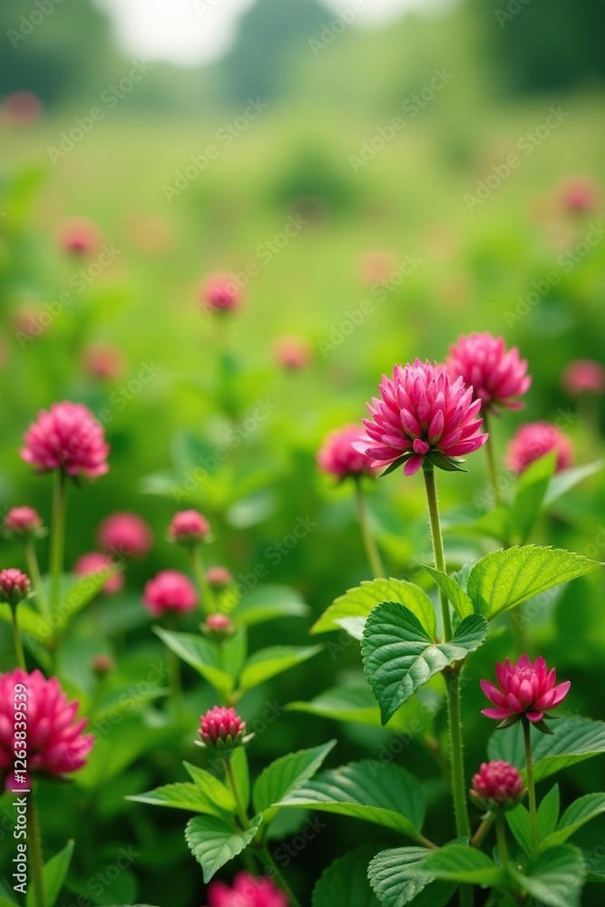 Red clover flowers blooming in a lush green meadow, landscape, wildflowers Red clover flowers blooming in a lush green meadow, landscape, wildflowers