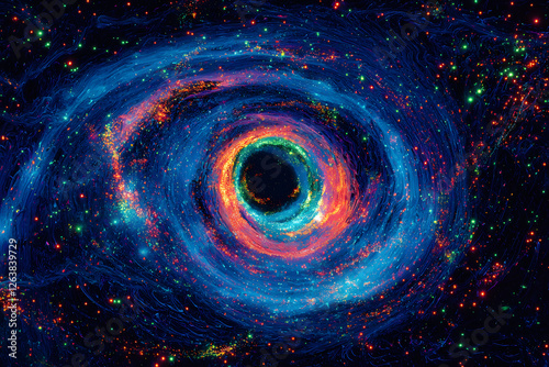  A swirling vortex of neon colors with sporadic bursts of metallic shapes, set against a black background. 