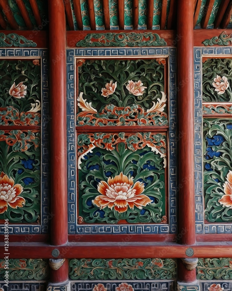 Ultra-realistic close-up of the ornate eaves of Gyeongbokgung Palace in Seoul, showcasing the vibrant dancheong (traditional Korean decorative painting) with intricate floral and geometric patterns Ultra-realistic close-up of the ornate eaves of Gyeongbokgung Palace in Seoul, showcasing the vibrant dancheong (traditional Korean decorative painting) with intricate floral and geometric patterns