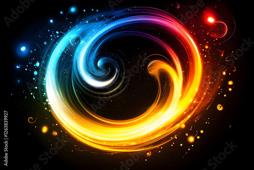  A swirling vortex of neon colors with sporadic bursts of metallic shapes, set against a black background. 