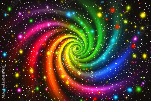 A swirling vortex of neon colors with sporadic bursts of metallic shapes, set against a black background. 