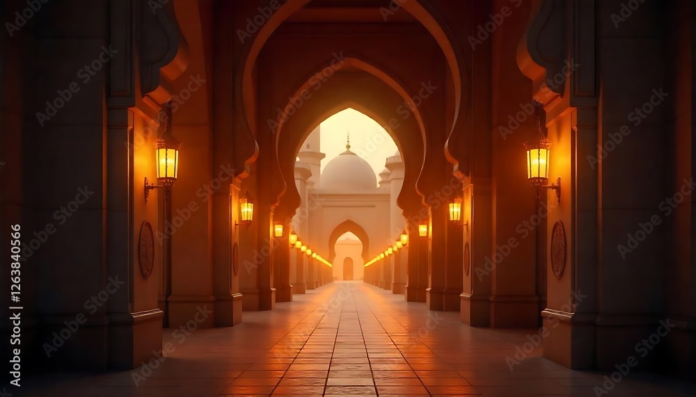 Fototapeta premium Illuminated journey through an elegant archway historic palace visual art enchanting night perspective on serenity