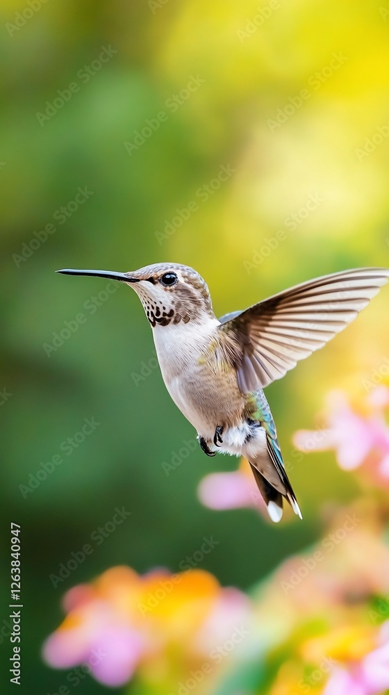 Fototapeta premium Hummingbird in flight, garden, flowers, nature