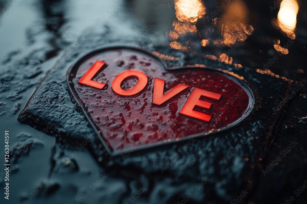 Obraz premium Love inscription on wet heart shaped pavement tile in rain soaked urban setting reflecting deep emotions, longing, and romantic melancholy