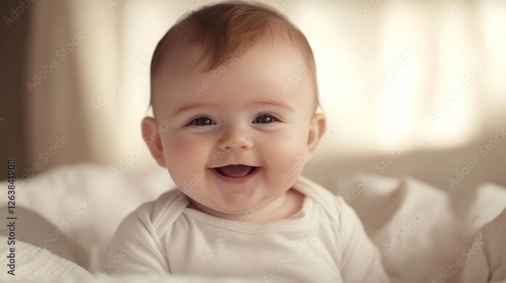 Smiling baby in a cozy indoor setting enjoying the warmth of home in soft natural light Smiling baby in a cozy indoor setting enjoying the warmth of home in soft natural light