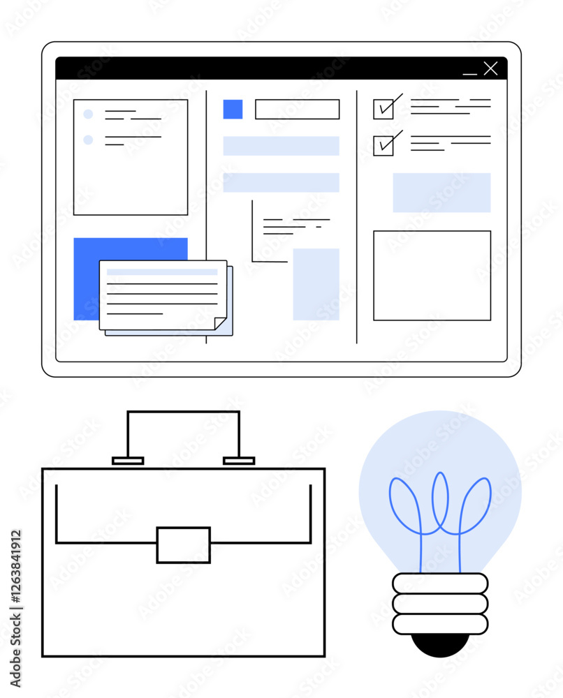 Online dashboard displaying task progress, briefcase representing work management, and a light bulb symbolizing ideas. Ideal for productivity, project planning, innovation, and digital Online dashboard displaying task progress, briefcase representing work management, and a light bulb symbolizing ideas. Ideal for productivity, project planning, innovation, and digital