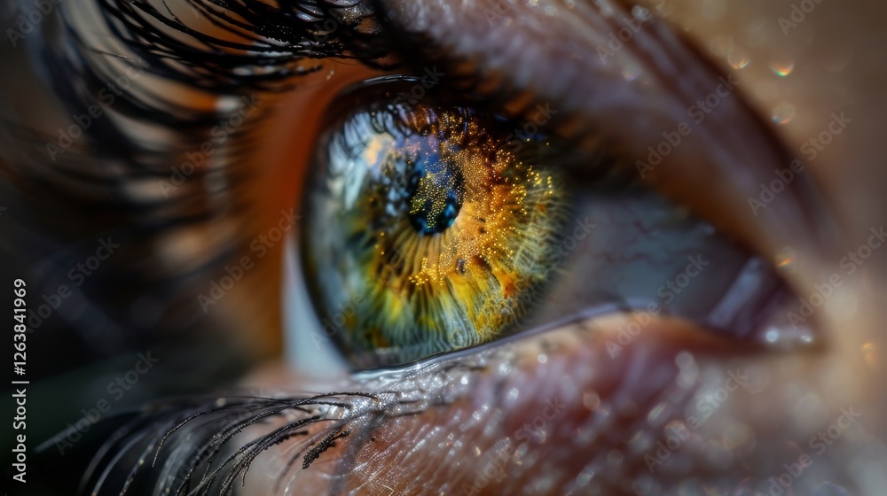Detailed macro shot of a human eye with vivid golden and green hues, intricate textures, and reflective surface creating a dynamic visual effect. AI generated. Detailed macro shot of a human eye with vivid golden and green hues, intricate textures, and reflective surface creating a dynamic visual effect. AI generated.