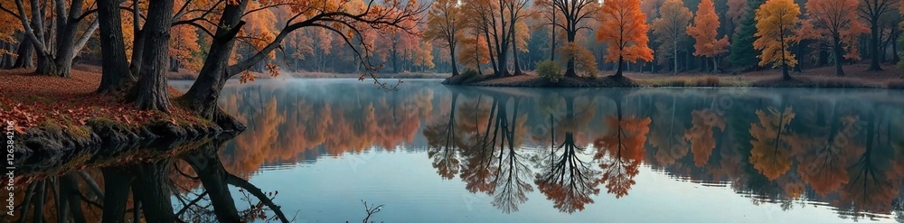 Reflection of bare tree trunks on lake's surface, still, tree, reflection Reflection of bare tree trunks on lake's surface, still, tree, reflection