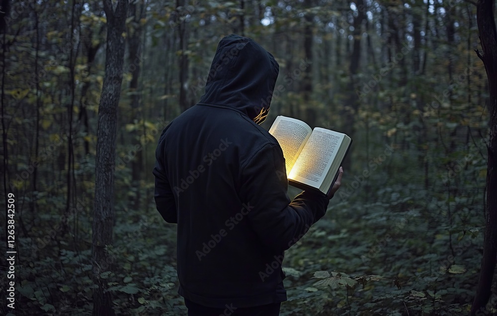 Fototapeta premium A faceless man under a hood peruses a book, with light rays issuing from it