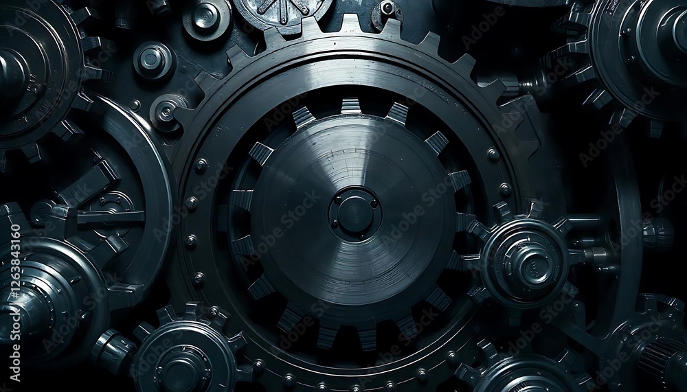 Close-up view of intricate gears in dark machinery with mechanical complexity Close-up view of intricate gears in dark machinery with mechanical complexity