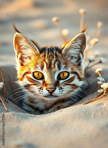 an image of a cat is peeking out of the sand, there is a cat that is looking out of a hole photo