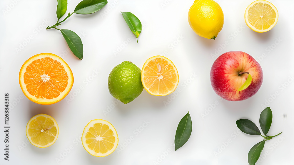 Fresh citrus fruits and a red apple arranged artistically on a white background with leaves Fresh citrus fruits and a red apple arranged artistically on a white background with leaves