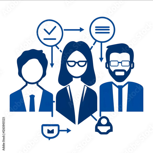 A simple icon depicting three people in the center each with speech bubbles and arrows connecting them to one another person on their right or left side The mi