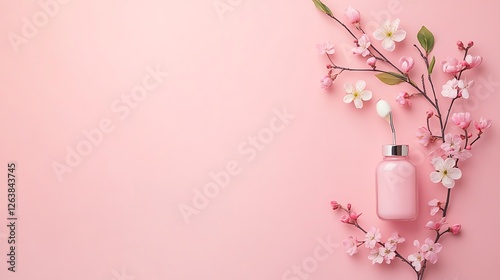 Pink Blossom Perfume Bottle Product Photography on Pastel Background AI Generated