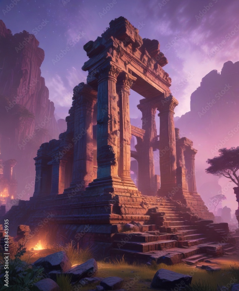 Fototapeta premium Ethereal mist wraps ancient ruins in iridescent glow, glow, holographic, mist
