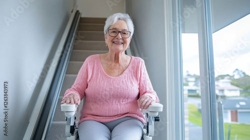 senior woman using stair lift on staircase, smiling happily