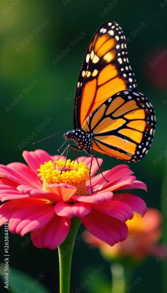 Close-up of a monarch butterfly sipping nectar from a zinnia flower, monarch butterfly, nature, zinnia Close-up of a monarch butterfly sipping nectar from a zinnia flower, monarch butterfly, nature, zinnia