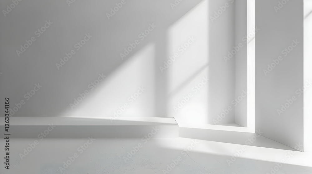 Fototapeta premium Minimalist interior with soft natural light casting shadows on white walls and floor