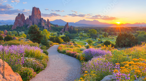 Sunrise over Garden of the Gods, Colorado, path, wildflowers
