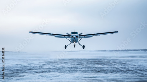 small plane taking off from snowy tundra, showcasing cold tones and serene atmosphere