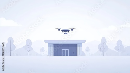 Futuristic drone landing pad with autonomous delivery drone, smart city logistics, AI powered shipping, innovative urban transportation, aerial commerce efficiency photo