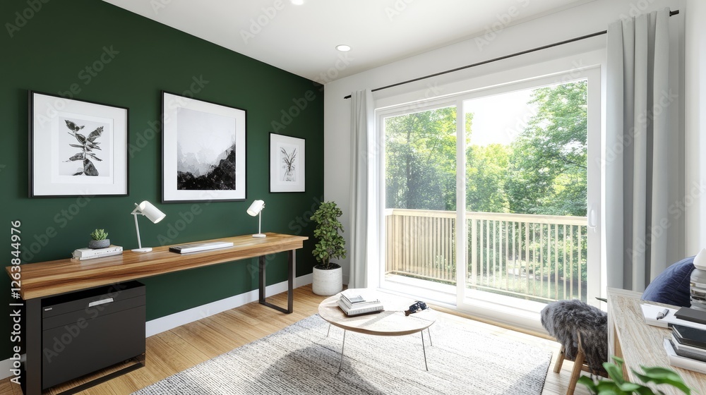 Cozy workspace with a deep green feature wall, wooden desk, and warm natural lighting Cozy workspace with a deep green feature wall, wooden desk, and warm natural lighting