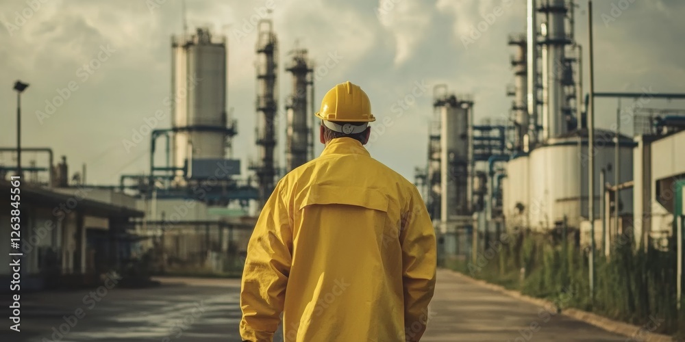 Worker in safety gear surveys a chemical processing plant during the afternoon under a cloudy sky Worker in safety gear surveys a chemical processing plant during the afternoon under a cloudy sky
