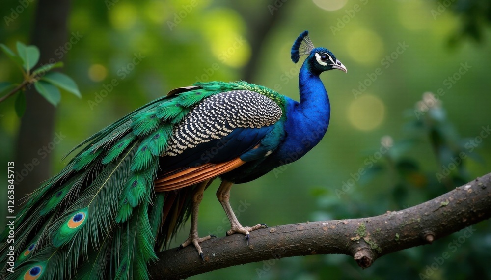 Obraz premium Feathers of a peacock spread proudly on a branch, nature, garden,