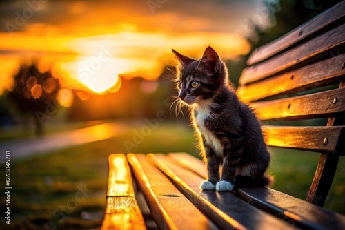 A heartbreaking silhouette: a tiny kitten, forsaken, perched on a twilight bench.