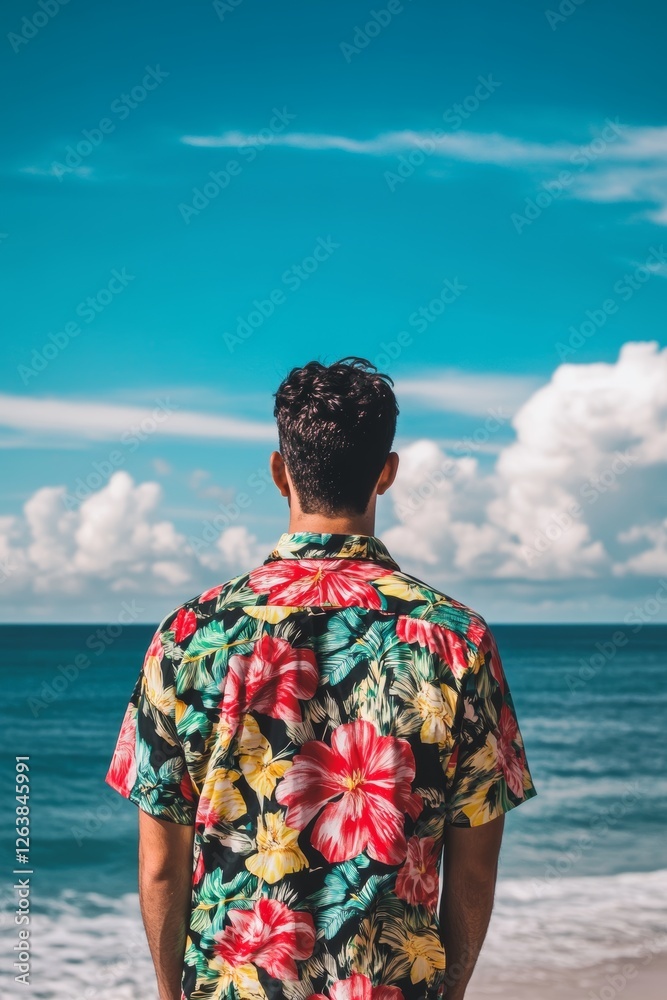 Man in floral shirt gazes at the ocean under a bright sky during a sunny day at the beach Man in floral shirt gazes at the ocean under a bright sky during a sunny day at the beach
