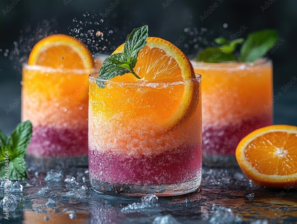 Refreshing layered fruit cocktails with vibrant colors and mint garnishes on a textured surface Refreshing layered fruit cocktails with vibrant colors and mint garnishes on a textured surface