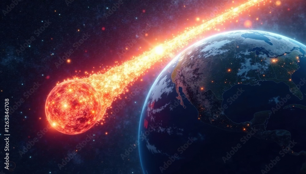 Obraz premium Close-up of comet's tail against bright planet Earth background, Earth, science