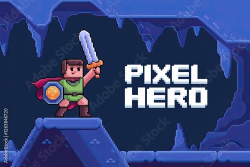 8-bit Warrior Standing Proudly with Sword & Shield in a Cave Setting, Retro Gaming Aesthetic