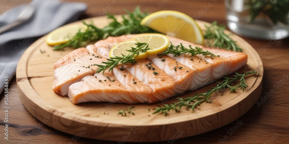 Fish slice with lemon and herbs on wooden plate, fish, meal, food Fish slice with lemon and herbs on wooden plate, fish, meal, food