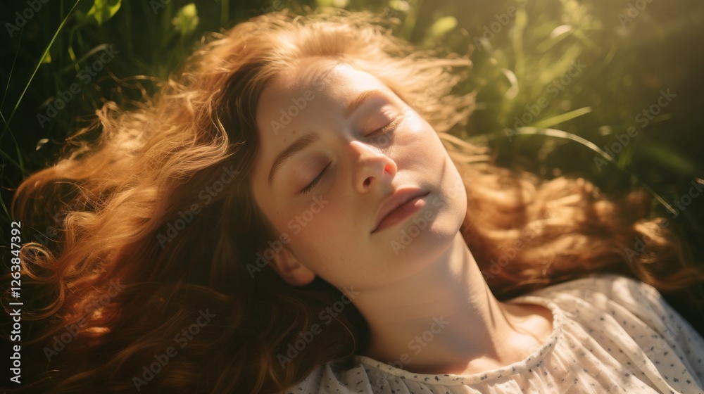 Sun-kissed slumber, A serene portrait of a red-haired woman resting in nature Sun-kissed slumber, A serene portrait of a red-haired woman resting in nature