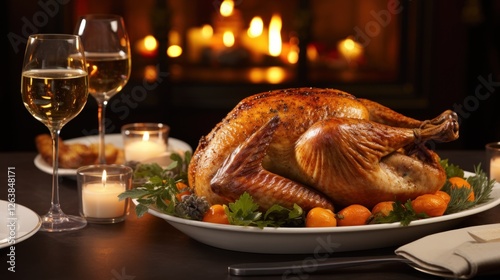 Celebratory feast, Roasted turkey, wine, and warm candlelight ambiance photo
