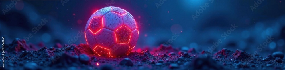 Fototapeta premium Close-up of glowing neon soccer ball on dark blue terrain , abstract, glow, color