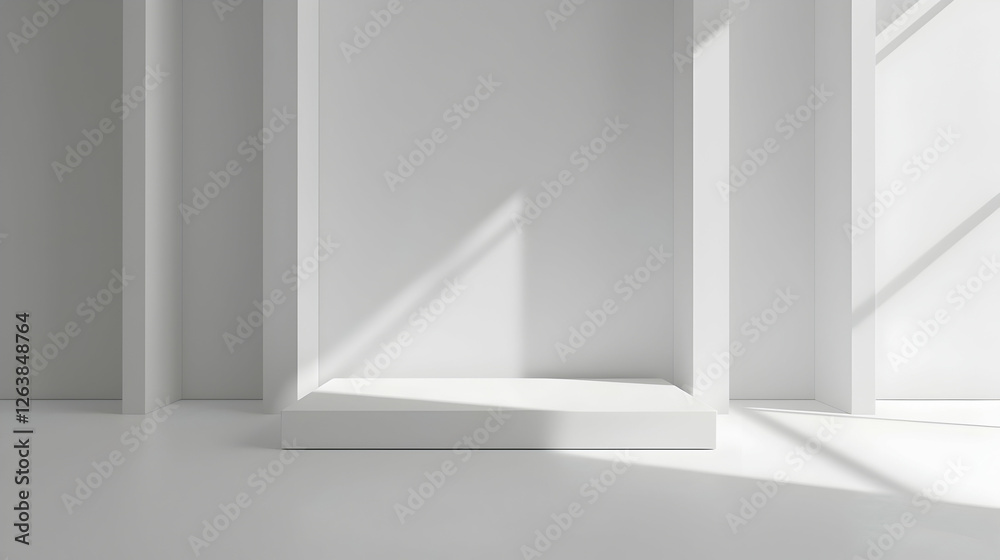 Fototapeta premium Minimalist interior with empty white shelves and soft shadows, ideal for modern design concepts