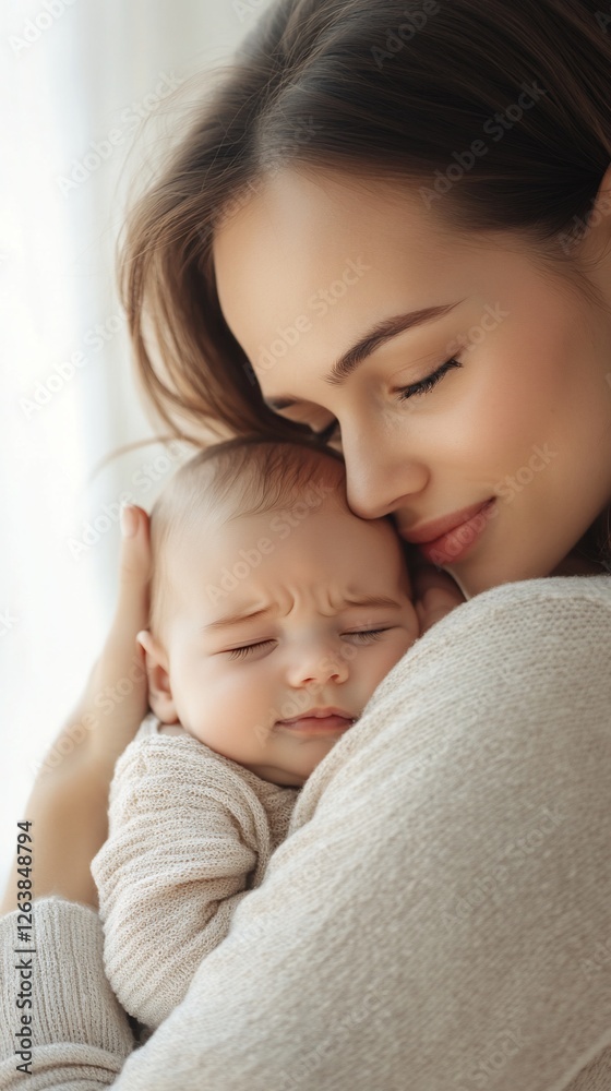 Mother lovingly holds newborn baby, sunlight Mother lovingly holds newborn baby, sunlight