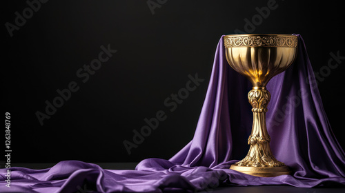 A Golden chalice draped in purple cloth, symbolizing Eucharist, against solemn background with ample copy space photo
