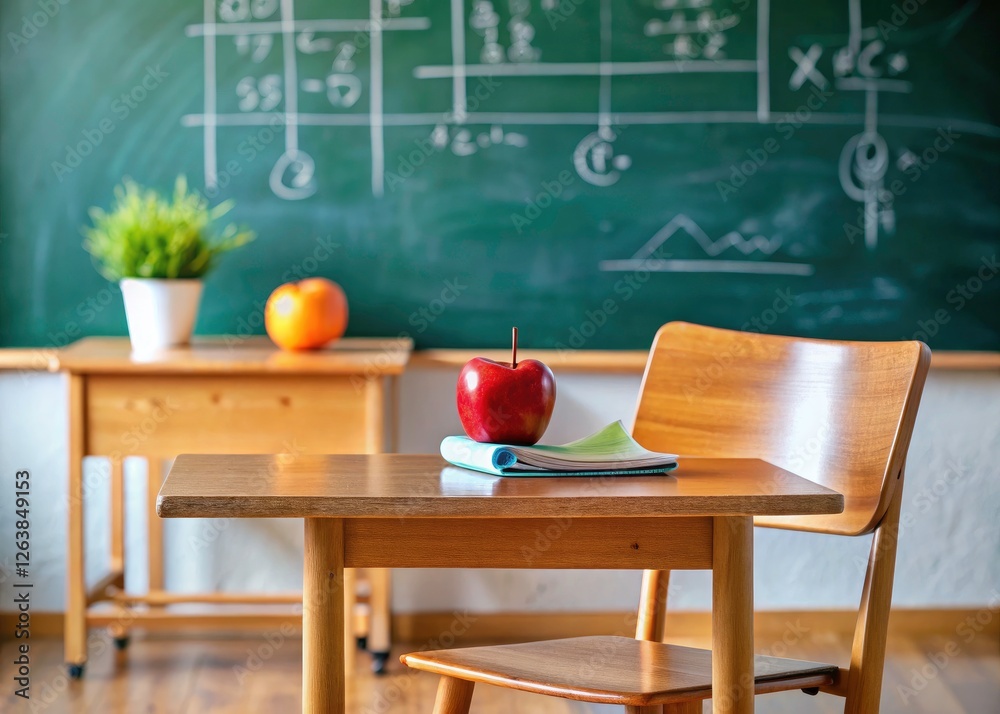 Obraz premium Back-to-school scene: a deserted desk faces a blackboard filled with math formulas, ready for learning.