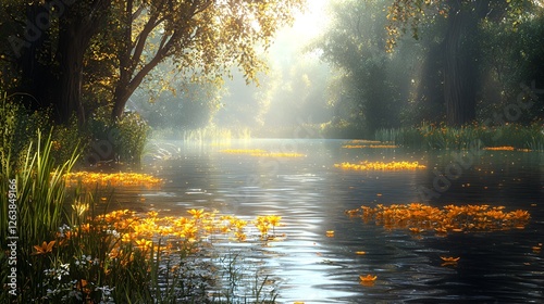 Autumn Riverbank Sunlight - Tranquil Morning Scene - Peaceful Nature Photo photo