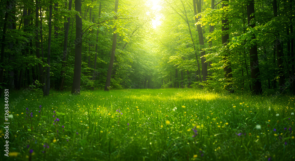 Obraz premium 美しい緑が広がる夏の森と爽やかな春の風景 