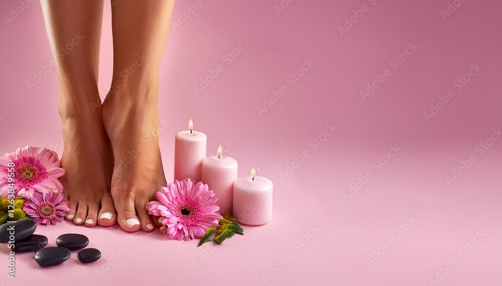 Well groomed female feet with flowers and candles on a pink background Well groomed female feet with flowers and candles on a pink background
