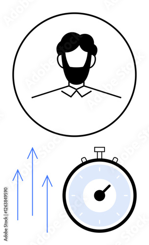 Profile image blue arrows indicating growth stopwatch symbolizing time. Ideal for personal development, goal-setting, productivity, progress, efficiency, career advancement, motivation. Line