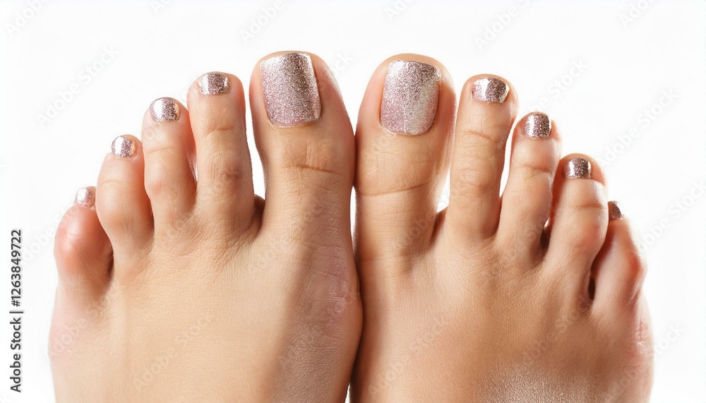 Naklejka premium Perfectly done manicure and pedicure on female feet isolated on white background. 