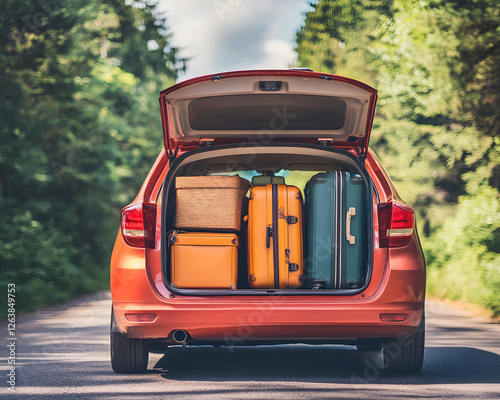 Red Station Wagon with Luggage in Trunk on Road